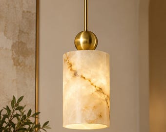 Natural Alabaster Pendant Light, Modern Brass Ceiling Fixture, Luxury Stone Hanging Lamp