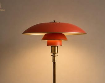 Mid Century Modern Floor Lamp, Red Mushroom Floor Lamp, Scandinavian Brass Standing Lamp, Nordic Reading Light, Designer Home Decor