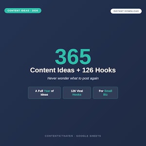 365 Social Media Content Ideas + 126 Viral Hooks | Small Business Post Ideas, Content Planner for Instagram TikTok | Google Sheets