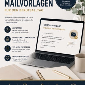 Puede incluir: Imagen promocional de plantillas de correo electrónico profesionales. La imagen presenta un portátil que muestra un correo electrónico de muestra, un cuaderno, un bolígrafo y una taza de café. El texto de la imagen destaca las características y beneficios clave de las plantillas.