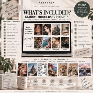 May include: A digital product listing for 12,000 Midjourney prompts by Aliaskia. The graphic displays a laptop screen showing various AI-generated images, categorized lists, and a six-step guide for use, all set against a neutral background.