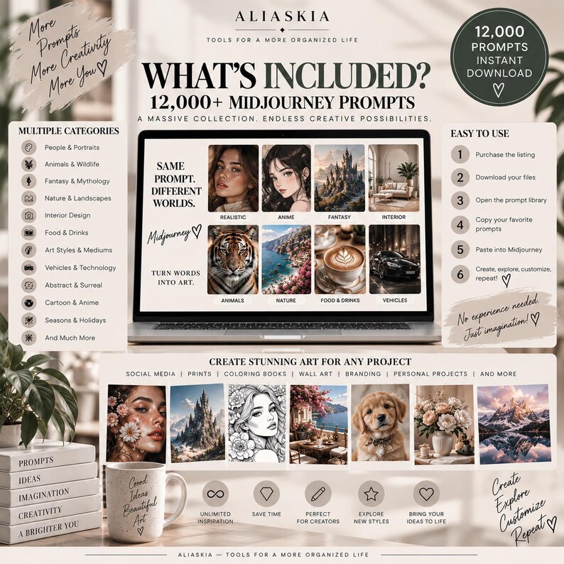 May include: A digital product listing for 12,000 Midjourney prompts by Aliaskia. The graphic displays a laptop screen showing various AI-generated images, categorized lists, and a six-step guide for use, all set against a neutral background.