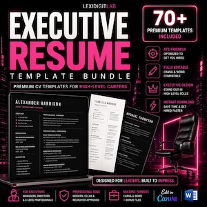 May include: An executive resume template bundle featuring over 70 premium designs. The display shows three sample resumes for Alexander Harrison, Isabella Monroe, and Michael Thompson, alongside a black office chair and text detailing features.