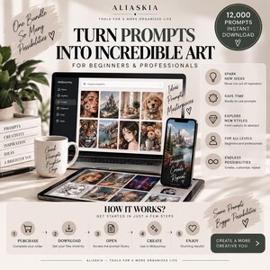 May include: A digital product advertisement for 12,000 Midjourney prompts featuring a laptop and smartphone displaying AI-generated art, a speckled mug with text, a stack of books, and a step-by-step guide titled How It Works with icons.