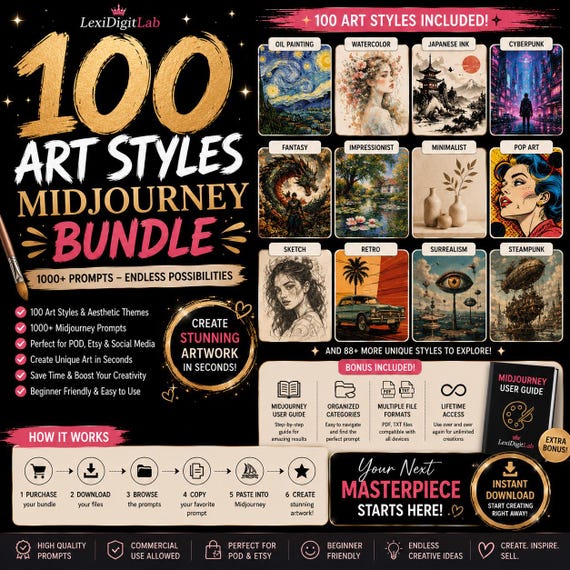 100 Art Styles Midjourney Bundle, AI Art Prompt Pack, Midjourney Art Styles Library, Instant Download