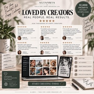 May include: A digital product advertisement for 12,000 AI prompts featuring customer testimonials, a laptop displaying a Midjourney interface, a tablet showing an anime-style illustration, a notebook, a pen, and a potted plant with text overlays.
