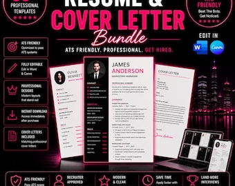 Resume & Cover Letter Bundle, ATS Friendly Professional Job Templates, Modern CV Templates for Canva and Word, Editable Resume Pack