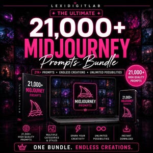 Midjourney prompts bundle, 21,000+ AI art ideas for ChatGPT, Content creators and Etsy sellers