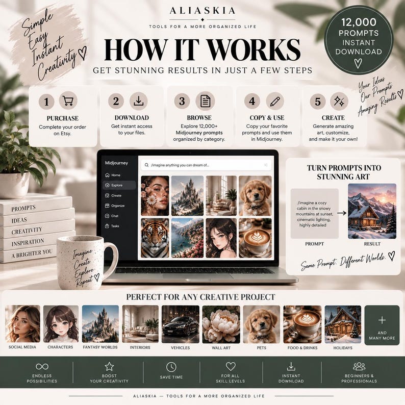 May include: An informational graphic for a digital product titled Aliaskia, featuring 12,000 Midjourney prompts. It displays a laptop screen showing various AI-generated images, a step-by-step guide, and a list of creative categories like characters, vehicles, and pets.