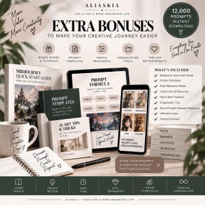 May include: A digital product bundle titled Aliaskia featuring a Midjourney quick start guide, prompt templates, and AI art tips. The set includes a tablet, a smartphone, a notebook, a mug with text, and a pen, all displaying creative resources.