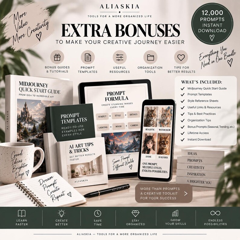 May include: A digital product bundle titled Aliaskia featuring a Midjourney quick start guide, prompt templates, and AI art tips. The set includes a tablet, a smartphone, a notebook, a mug with text, and a pen, all displaying creative resources.