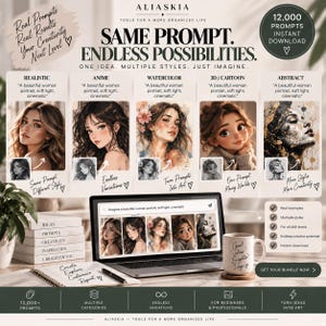 May include: A digital marketing graphic for Aliaskia featuring the text Same Prompt. Endless Possibilities. It displays five portrait styles&mdash;realistic, anime, watercolor, 3D cartoon, and abstract&mdash;on a laptop screen, alongside a mug and a notebook.