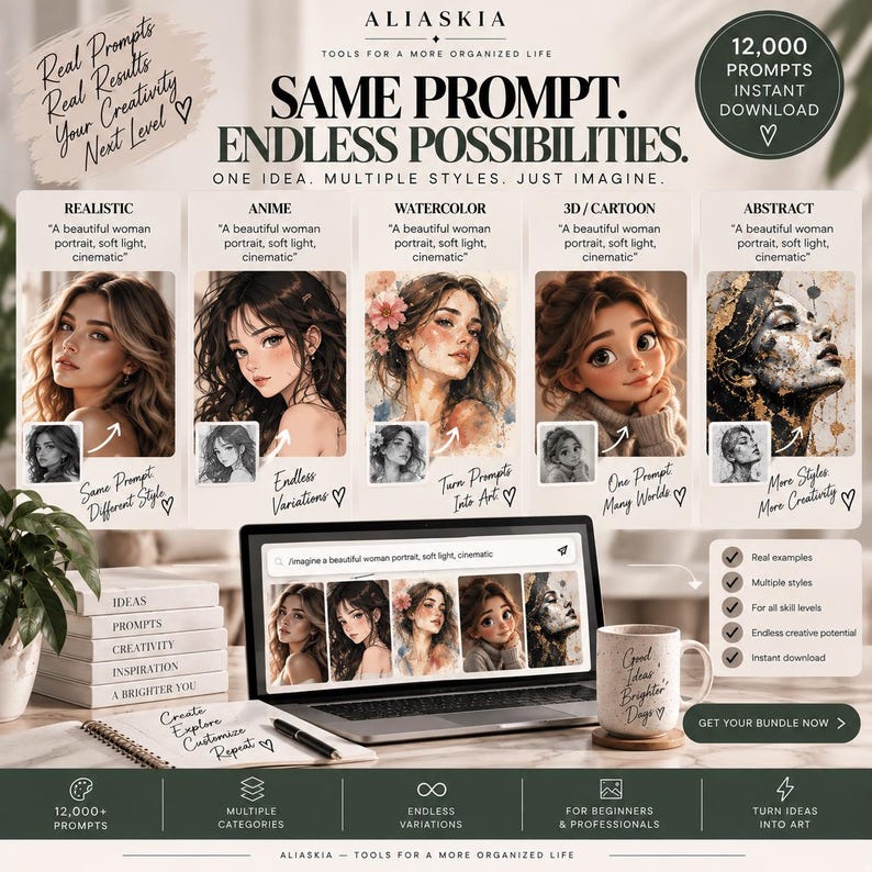 May include: A digital marketing graphic for Aliaskia featuring the text Same Prompt. Endless Possibilities. It displays five portrait styles&mdash;realistic, anime, watercolor, 3D cartoon, and abstract&mdash;on a laptop screen, alongside a mug and a notebook.