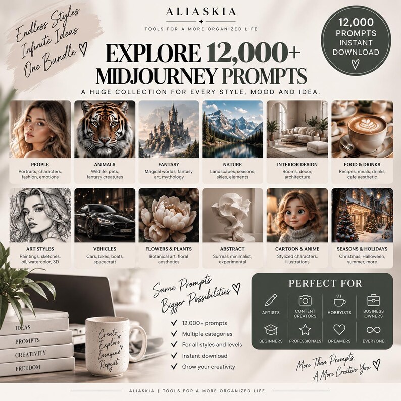 May include: A digital product advertisement for 12,000+ Midjourney prompts featuring a grid of twelve diverse image categories including people, animals, fantasy, nature, interior design, food, art, vehicles, flowers, abstract, cartoon, and holidays.
