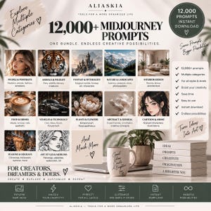 May include: A digital product advertisement for 12,000+ Midjourney prompts featuring a grid of categorized image examples including portraits, animals, landscapes, and food. The text includes '12,000+ Midjourney Prompts' and a stack of books labeled Ideas, Prompts, Creativity, Imagination, A Brighter You.