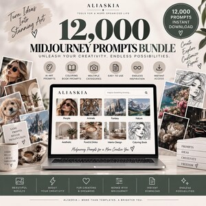 May include: A digital product bundle titled 12,000 Midjourney Prompts Bundle featuring a laptop screen displaying various image categories like people, animals, and nature. The graphic includes text, icons, and sample images to showcase the prompt collection.