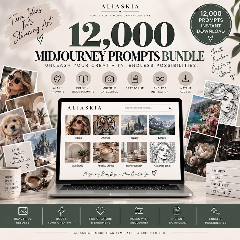 May include: A digital product bundle titled 12,000 Midjourney Prompts Bundle featuring a laptop screen displaying various image categories like people, animals, and nature. The graphic includes text, icons, and sample images to showcase the prompt collection.
