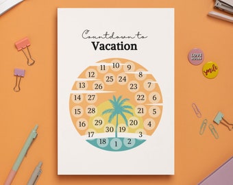 Vacation Countdown | Printable Countdown Calendar | 30 Days | PDF | Palm Tree | Family Beach Summer Vacation | Orange Yellow Teal Turquoise