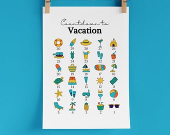 Vacation Countdown | Printable Countdown Calendar | 30 Days | PDF | Red Green Blue Yellow | Girls Trip | Family Beach Summer Vacation