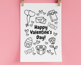 Valentine's Day | Printable Coloring Page | Coloring Sheet | PDF | 8.5x11 | Hearts Candy Flowers Chocolate