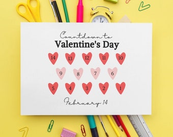 Valentine’s Day | Printable Countdown Calendar | PDF | 8.5x11 | 2023 Holiday Calendar | Kid Number Counting