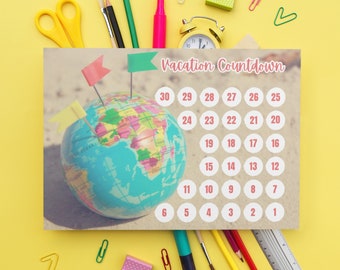 Vacation Countdown | Printable Countdown Calendar | 30 Days | PDF | Beach Globe | World Travel | Summer Trip | Overseas | Family Vacation