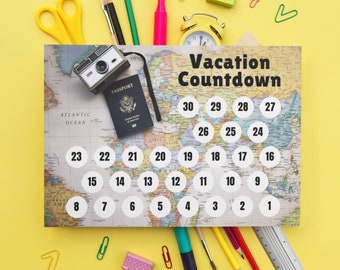 Vacation Countdown | Printable Countdown Calendar | 30 Days | PDF | Map Passport Camera | Summer Trip | World Travel | Family Vacation