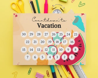 Vacation Countdown | Printable Countdown Calendar | 30 Days | PDF | Red | Watermelon | Sand | Beach | Seashells | Sunglasses | Girls Trip