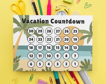 Vacation Countdown | Printable Countdown Calendar | 30 Days | PDF | Blue Green Yellow | Island | Palm Trees | Horizon | Beach | Ocean