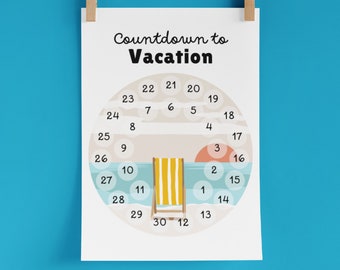 Vacation Countdown | Printable Countdown Calendar | 30 Days | PDF | Sunset Beach Lounge Chair | Family Summer Vacation | Tan Blue Yellow