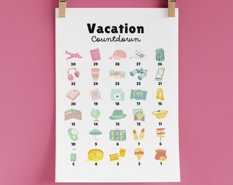 Vacation Countdown | Printable Countdown Calendar | 30 Days | PDF | Pastel | Pink Green Yellow | Travel Sightsee Overseas | Digital Download