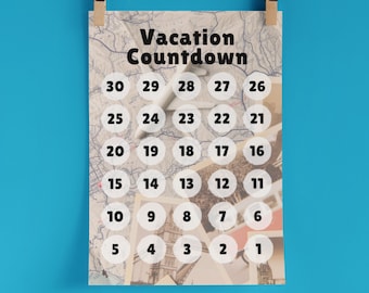Vacation Countdown | Printable Countdown Calendar | 30 Days | PDF | Map Polaroid Pictures | Retro Boho | Summer Trip | World Travel | Solo