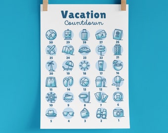 Vacation Countdown | Printable Countdown Calendar | 30 Days | PDF | Blue Teal | Girls Trip | Family Couple Beach Summer Destination Vacation