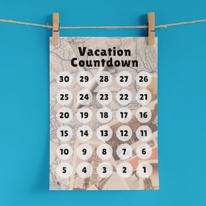 Vacation Countdown | Printable Countdown Calendar | 30 Days | PDF | Map Polaroid Pictures | Retro Boho | Summer Trip | World Travel | Solo