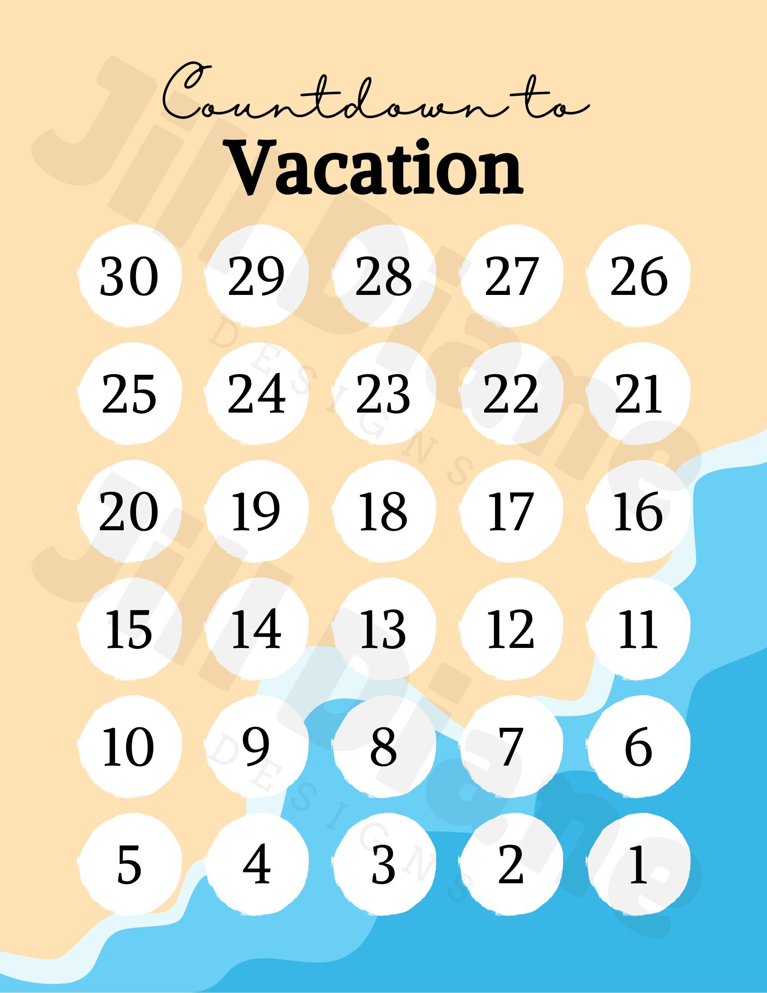 Vacation Countdown Printable Countdown Calendar 30 Days PDF Beach Waves Ocean Girls Trip Family Beach Summer Vacation - Etsy