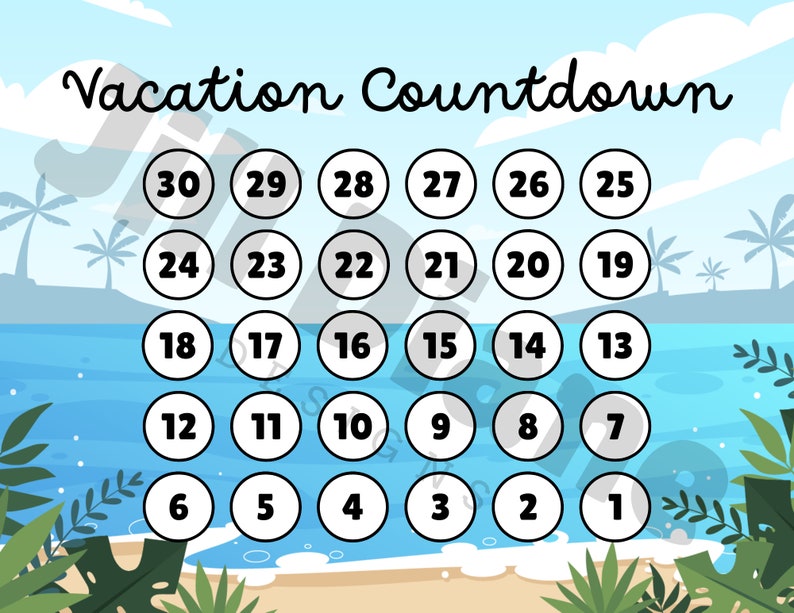 Vacation Countdown Calendar | 30 Days | Tropical Beach | Printable (PDF ...