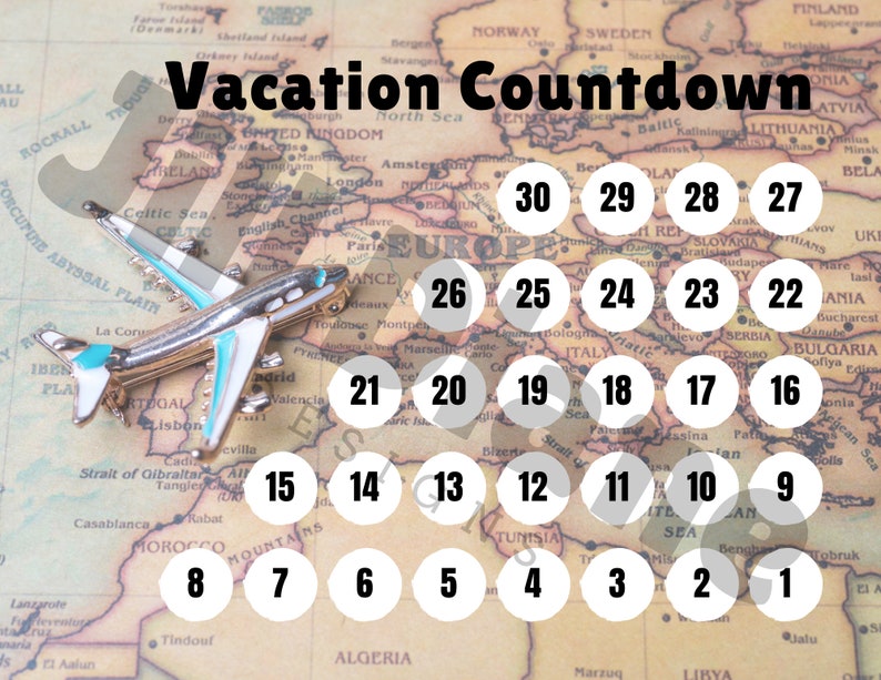 Vacation Countdown Printable Countdown Calendar 30 Days PDF Map ...