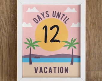 Vacation Countdown | Printable Countdown Calendar | Fill In | PDF | Sun Beach Palm Trees Ocean | Family Summer Vacation | Pink Blue Purple