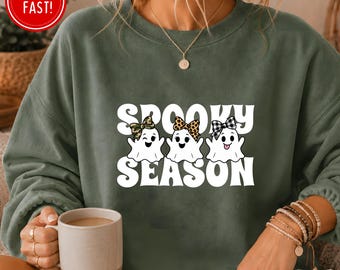 Spooky Season Ghosts Sweatshirt, Spooky Season Sweatshirt, Camo Bow Ghost Sweatshirt, Checkered Bow Ghost Crewneck, Leopard Ghost Bow Top