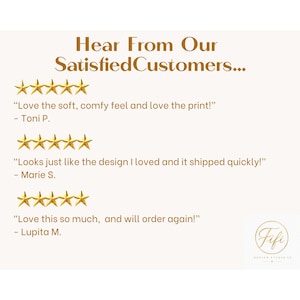May include: A customer review graphic with the heading Hear From Our Satisfied Customers. It displays three sets of five gold stars followed by testimonials from Toni P., Marie S., and Lupita M. A circular Fifi Design Studio US logo is in the corner.