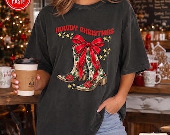 Christmas Coquette Boots Tshirt,  Howdy Christmas, Western Christmas Tshirt, Trendy Christmas Shirt For Her, Cowgirl Christmas Shirt