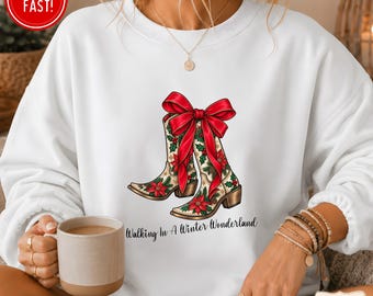 Christmas Coquette Boots Sweatshirt, Walking In A Winter Wonderland Merry Christmas, Western Christmas Sweater, Cowgirl Christmas Sweater