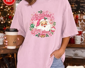 Comfort Colors Pink Santa The Most Wonderful Time of the Year Retro Coquette Christmas Tshirt for Women Pink Christmas