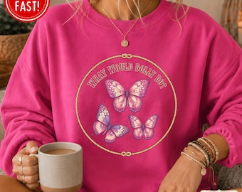 Dolly Inspired Butterfly Sweater What Would Dolly Do Butterfly Crewneck Sweatshirt With Pink Vintage Butterflies, 9 to 5 Country Top