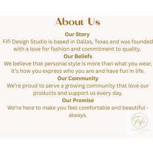 May include: An About Us information card for Fifi Design Studio. The text includes sections titled Our Story, Our Beliefs, Our Community, and Our Promise, detailing the company's Dallas, Texas base, commitment to quality, and customer focus.