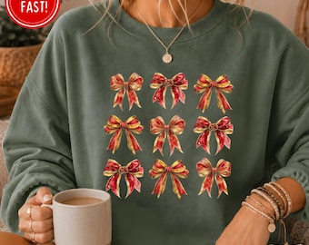 Coquette Christmas Bows Sweatshirt,Trendy Boutique Style Christmas Sweater For Her, Christmas Squad Gift, Women's Holiday Party Shirt