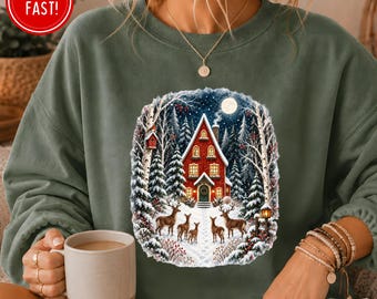 Winter Wonderland Christmas Sweatshirt, Snowy Forest Christmas, Christmas Reindeer Cottage Shirt, Most Wonderful Time of The Year Sweatshirt