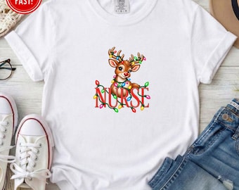 Comfort Colors Rudolph Reindeer Nurse T-shirt, Fun Christmas Lights Nurse Shirt, Rudolph Reindeer Nurse Shirt, Trendy RN Christmas Top