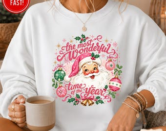 Santa Sweatshirt Pink Santa The Most Wonderful Time of the Year Retro Coquette Christmas Sweatshirts for Women Pink Christmas Sweaters