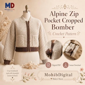 May include: A beige crochet cropped bomber jacket with brown ribbed cuffs, hem, and zipper trim. The text reads Alpine Zip Pocket Cropped Bomber Crochet Pattern, Digital PDF, Instant Download, and MohibDigital Makers' Haven.